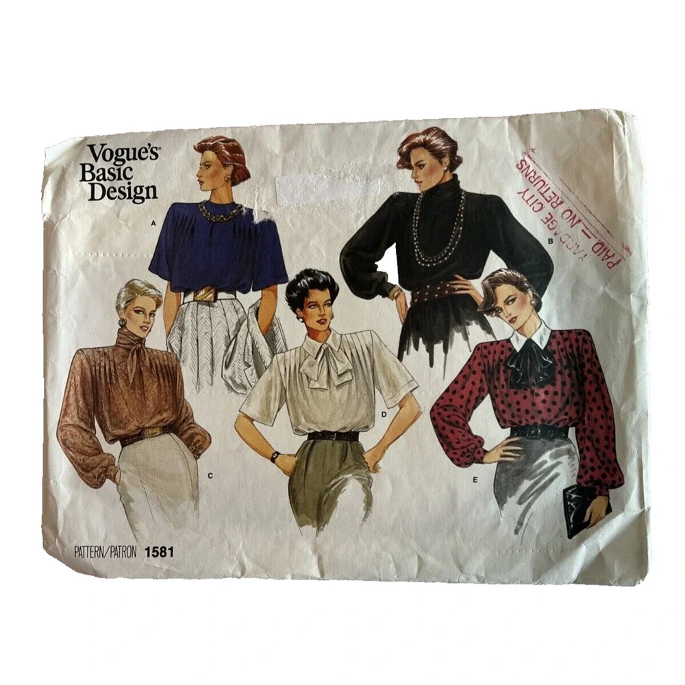 Vintage Vogue 1581 Sewing Pattern BOW and BUTTONS Blouse Size 10 Uncut FF
